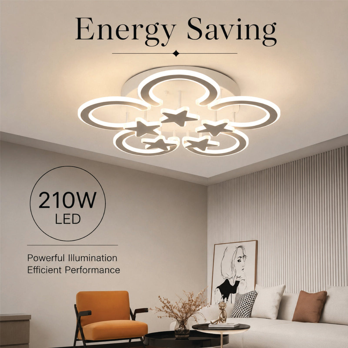 Plafonieră LED tip stea, dimabilă, Wi-Fi, cu telecomandă, 60 cm, 210 W