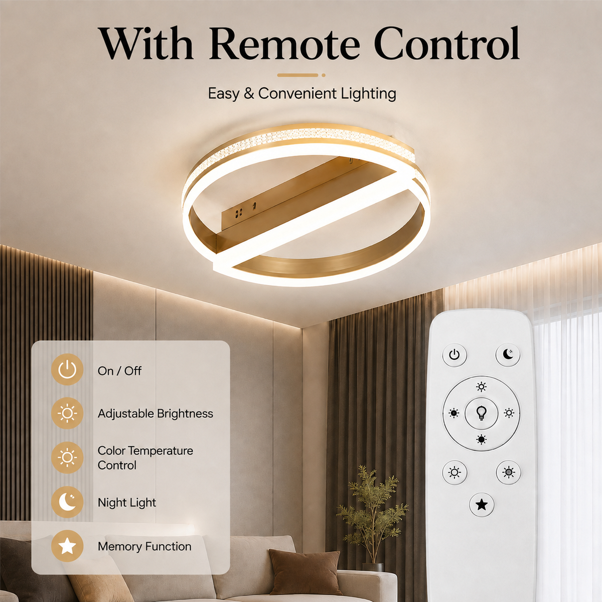 Plafonieră LED aurie, rotundă, dimabilă Wi-Fi cu telecomandă, 45 cm