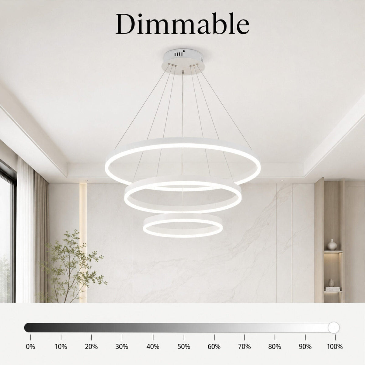 Plafonieră LED albă cu 3 inele, 144 W, dimabilă, Wi-Fi și telecomandă