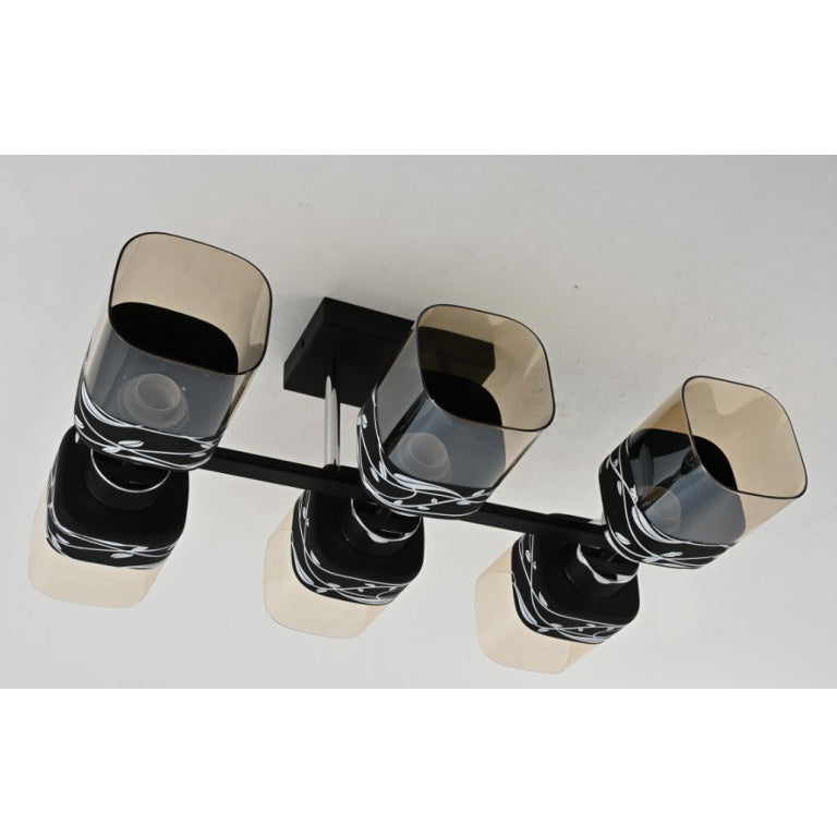 Plafonieră neagră cu 6 socluri E27, metal și sticlă, Ø50 cm