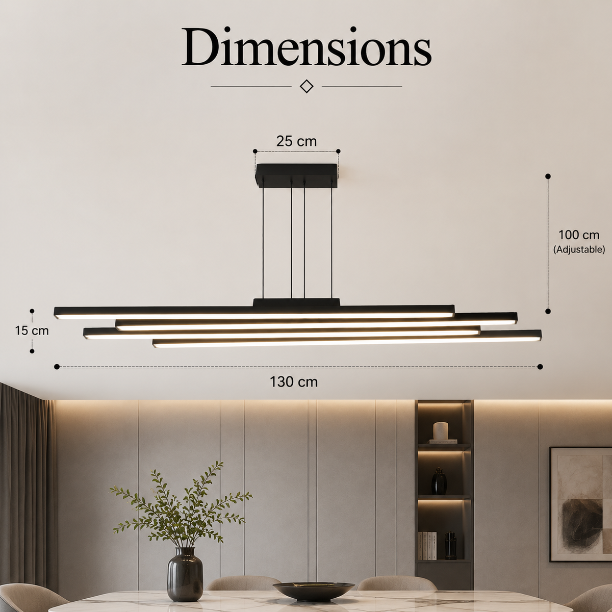 Plafonieră LED neagră, 130 cm, cu telecomandă și 3 temperaturi de culoare