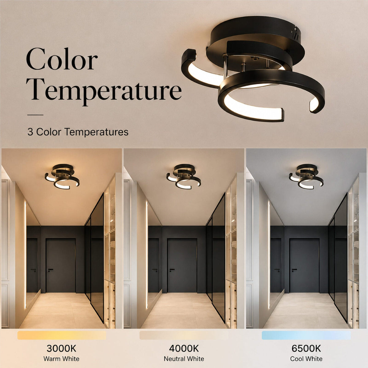 Plafonieră LED modernă, 18 W, 3 temperaturi de culoare, neagră