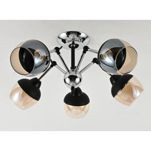 Plafonieră cu 5 socluri E27, metal și sticlă, 3 culori de lumină