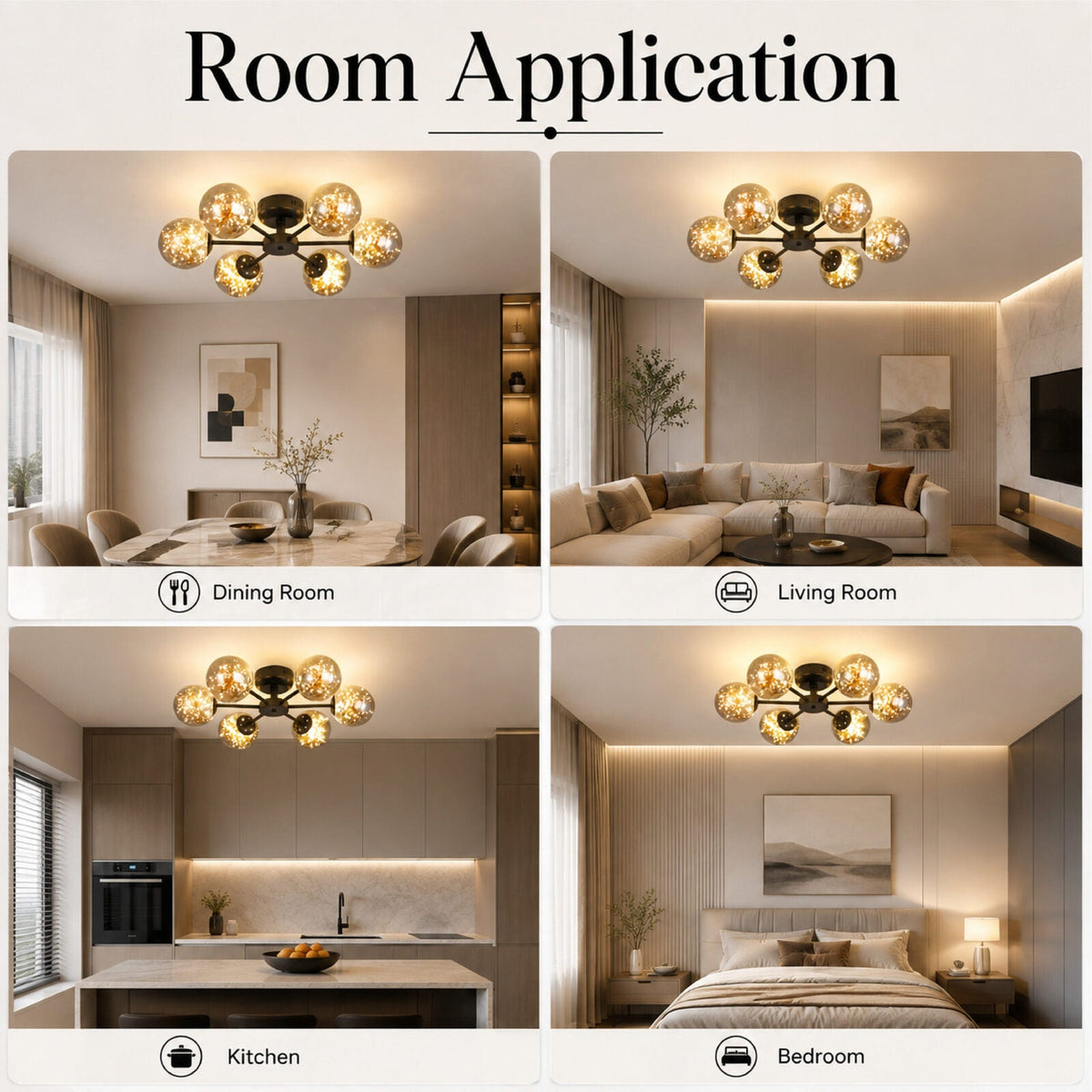 Plafonieră LED neagră, 6 surse, Ø60 cm, lumină caldă 3000 K