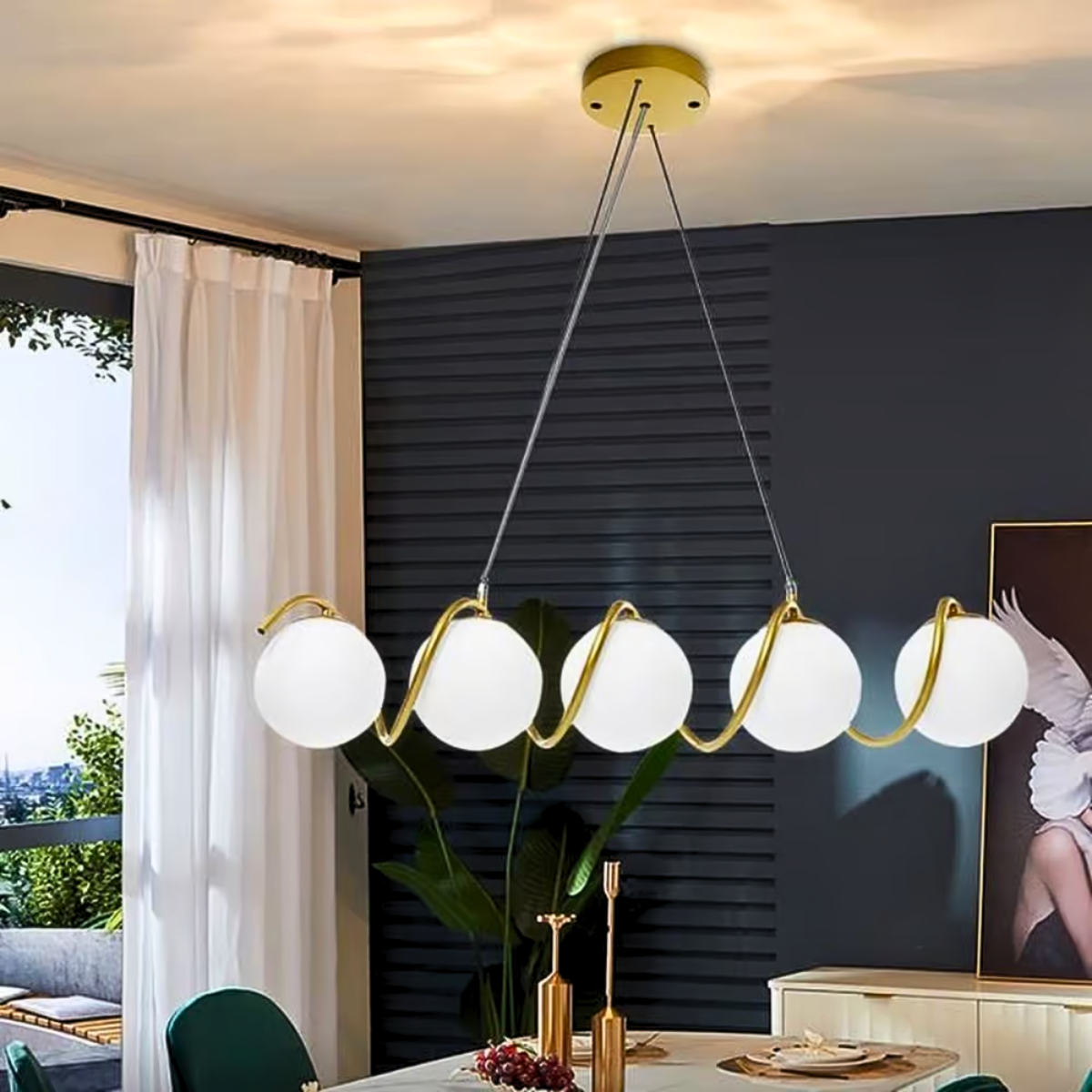 Lustră suspendată cu 5 globuri, aurie, soclu E27, 90 x 15 x 100 cm