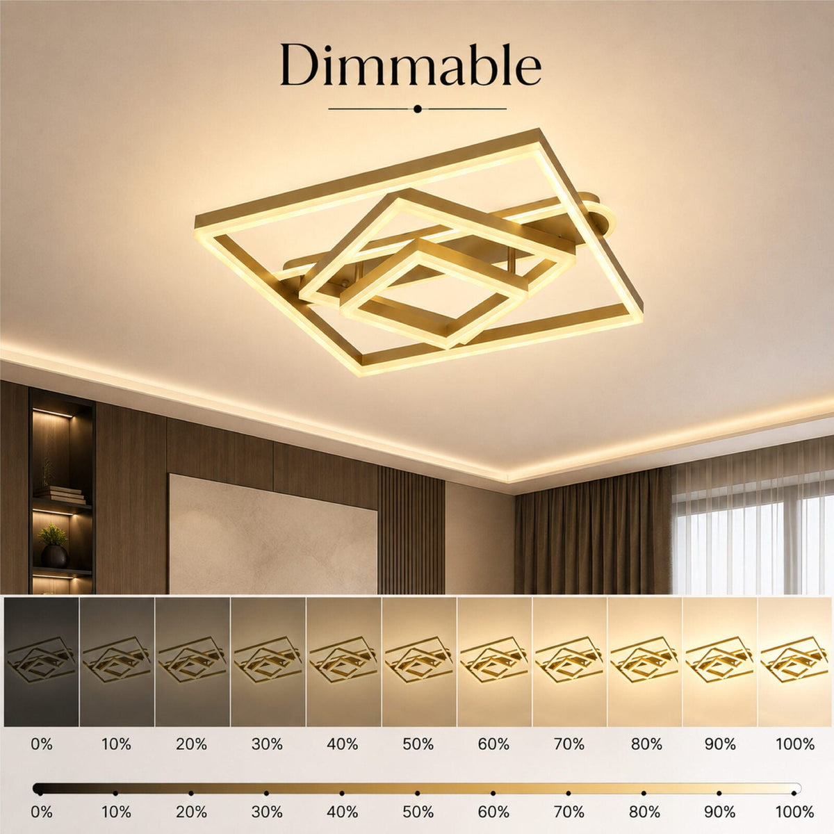 Plafonieră LED pătrată aurie, dimabilă Wi-Fi, cu telecomandă, 51×51×15 cm