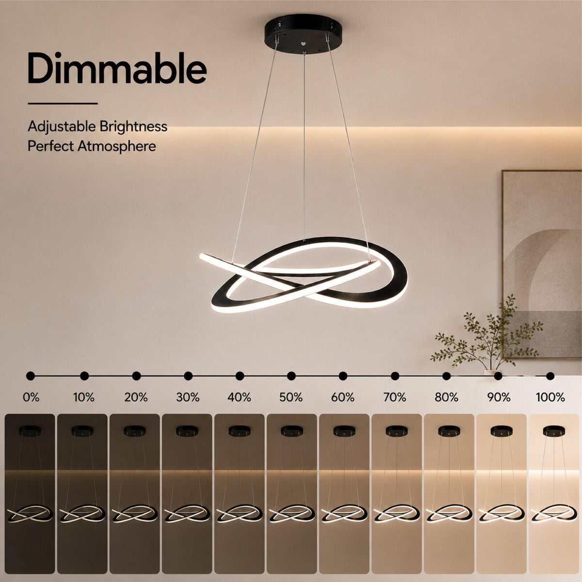 Lustră LED neagră dimabilă, Wi-Fi și telecomandă, 50 x 100 cm