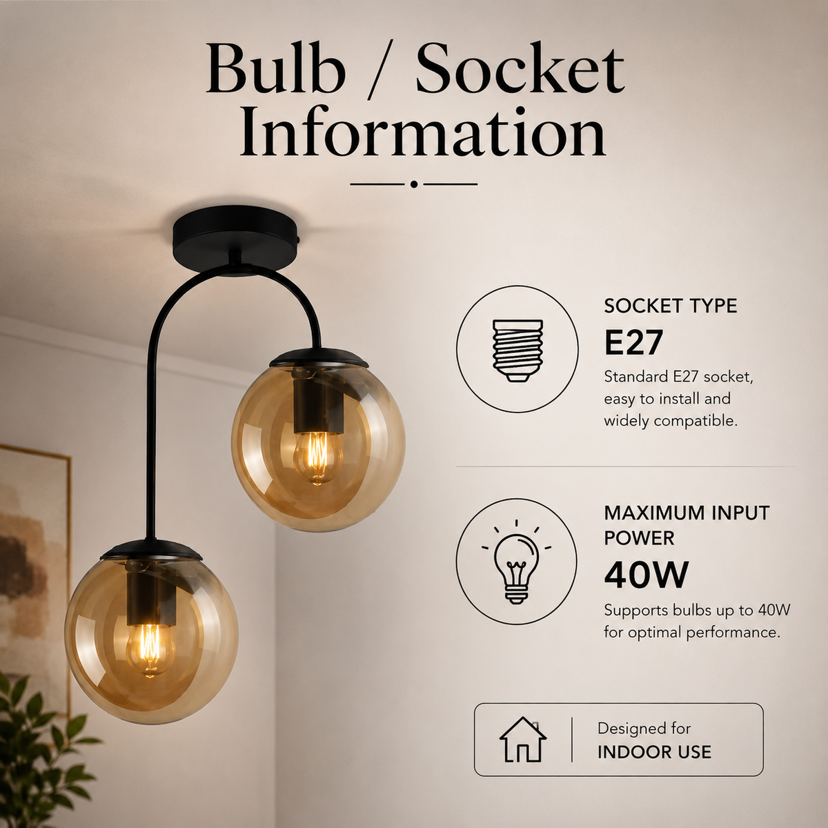 Plafonieră cu 2 surse de lumină, sticlă fumurie, 2 x E27, 40 W