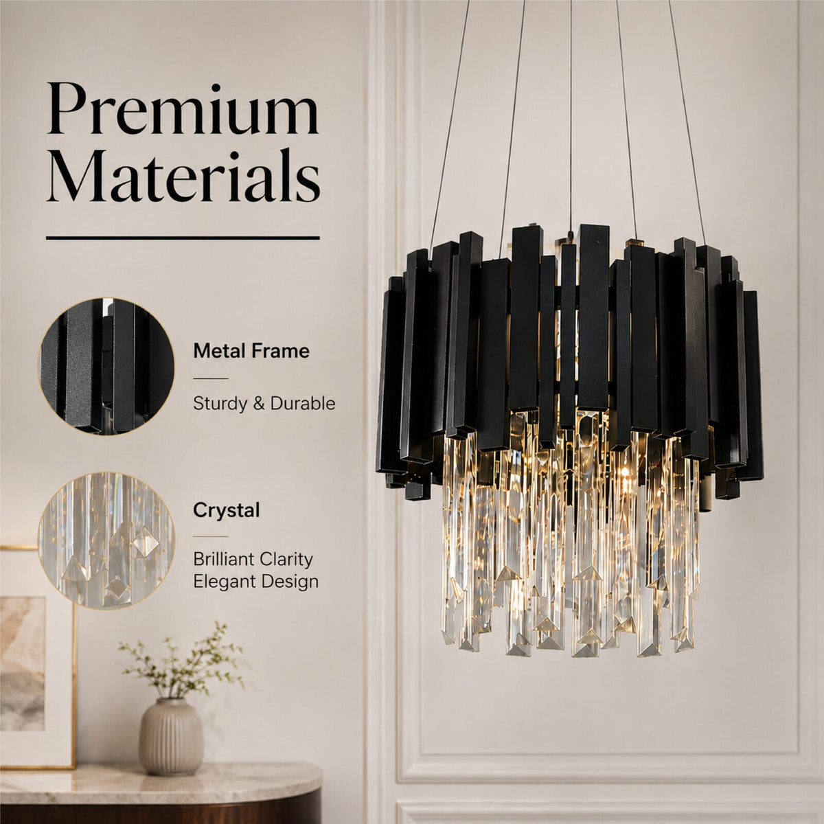 Candelabru negru din cristal, 3 x E14, Ø30 cm, cu lanț