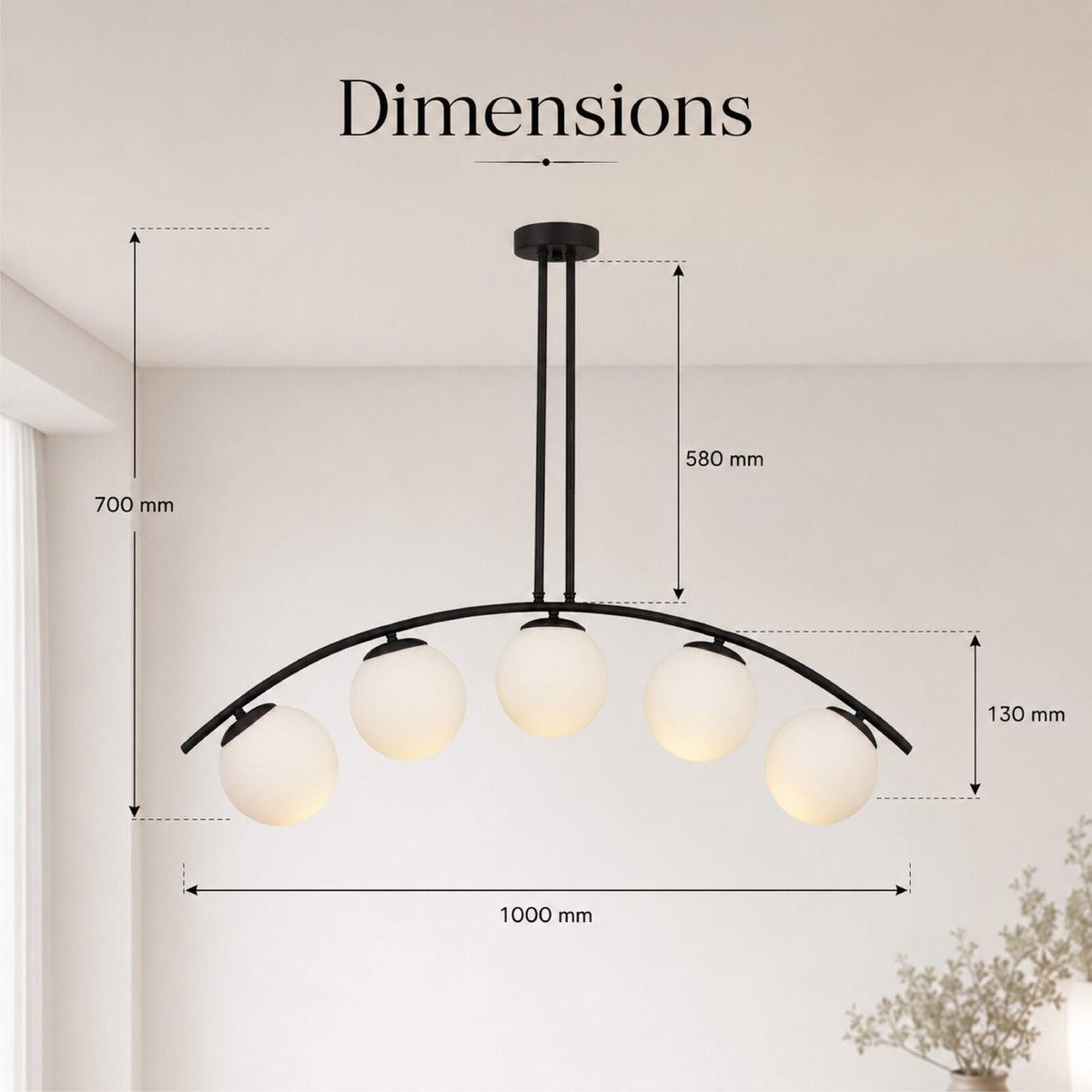 Plafonieră modernă neagră cu 5 globuri din sticlă albă, E27, 100 cm