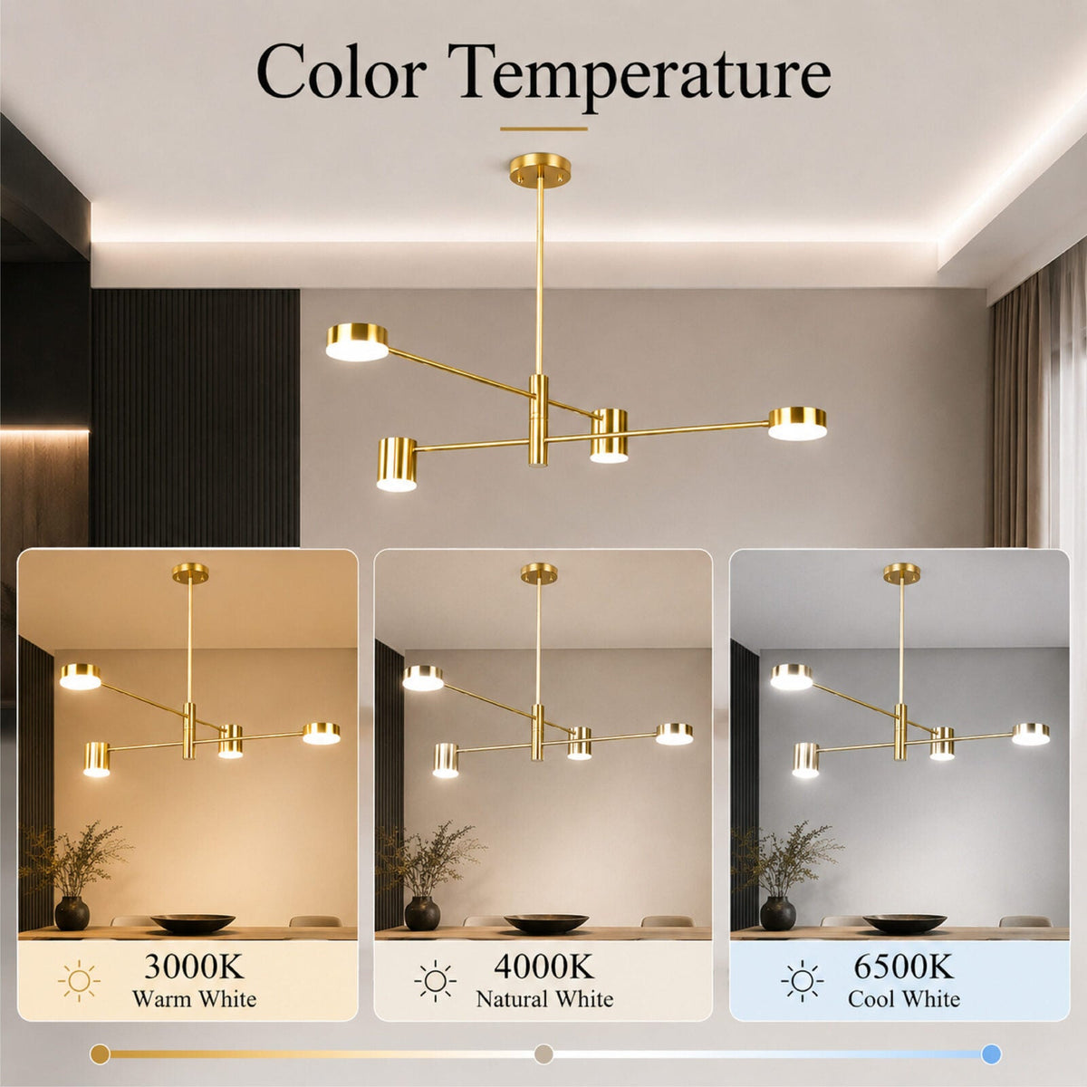Lustră LED aurie dimabilă, Wi-Fi, telecomandă, 3 culori de lumină