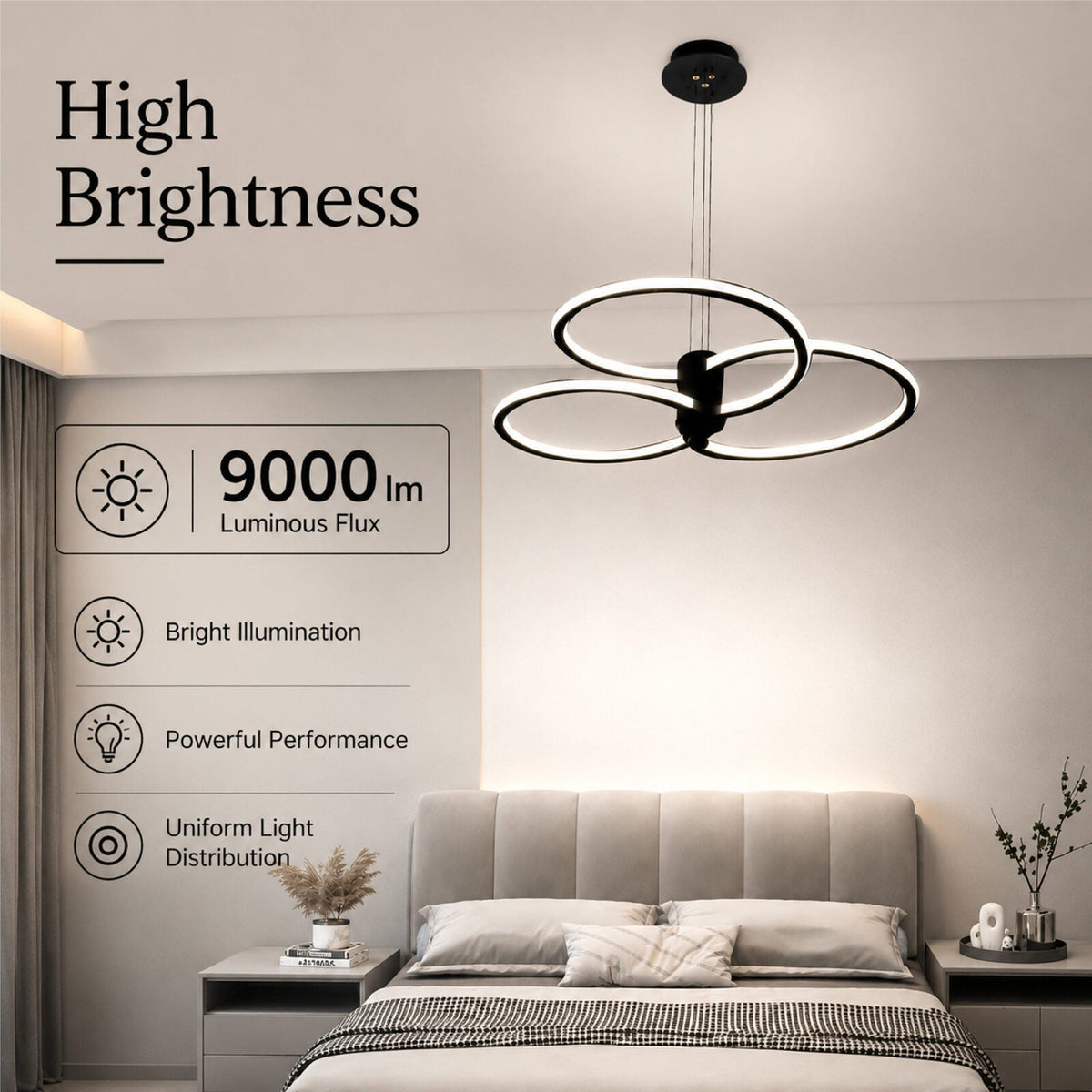 Plafonieră LED neagră, 186 W, 9000 lm, dimabilă, Wi-Fi, 3 culori