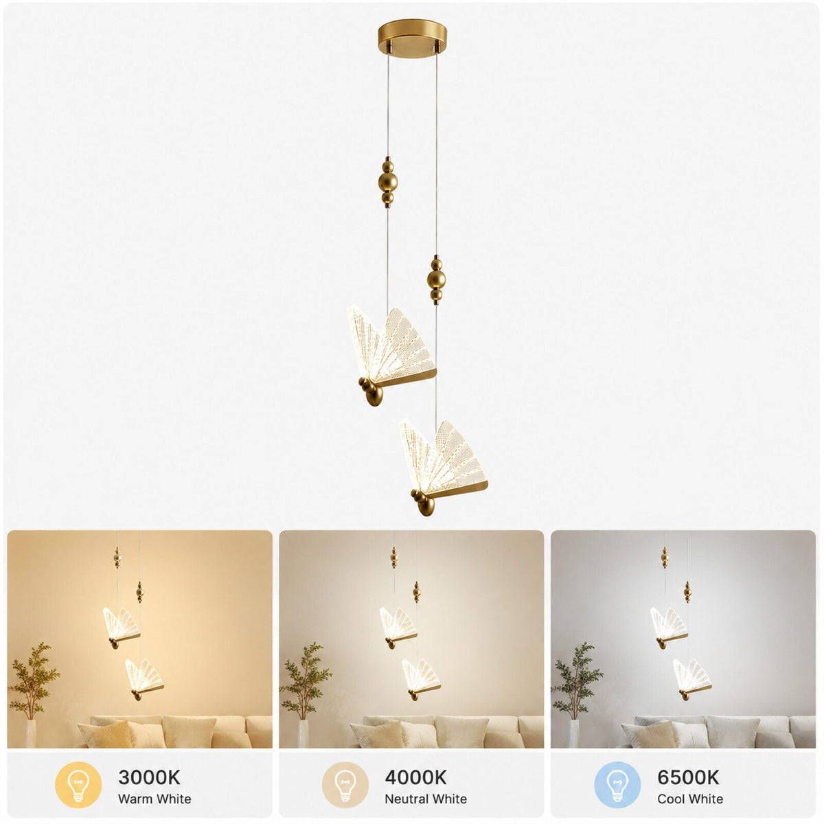 Lustră LED suspendată tip fluture, 12 W, albă, Ø35 cm, 3 culori de lumină