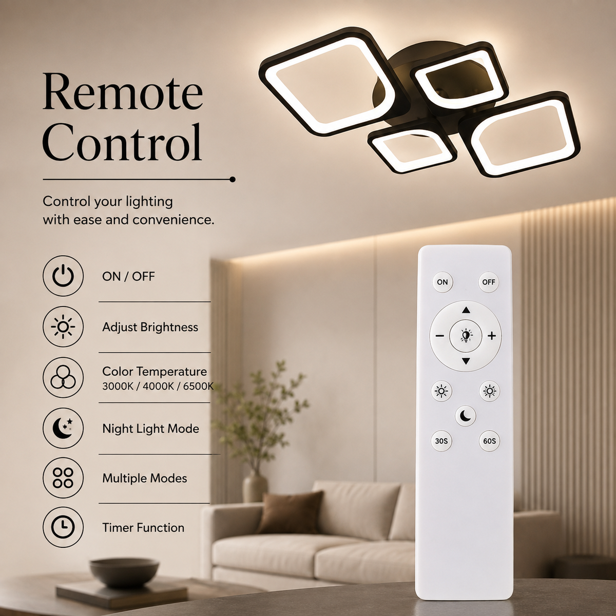 Plafonieră LED 4 surse, 120 W, dimabilă, Wi-Fi și telecomandă, maro cafea