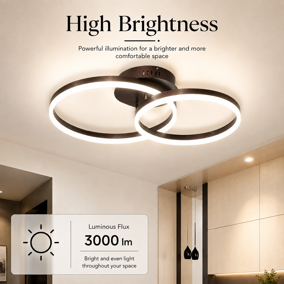 Plafonieră LED maro cafea, 90 W, 3000 lm, dimabilă, cu telecomandă