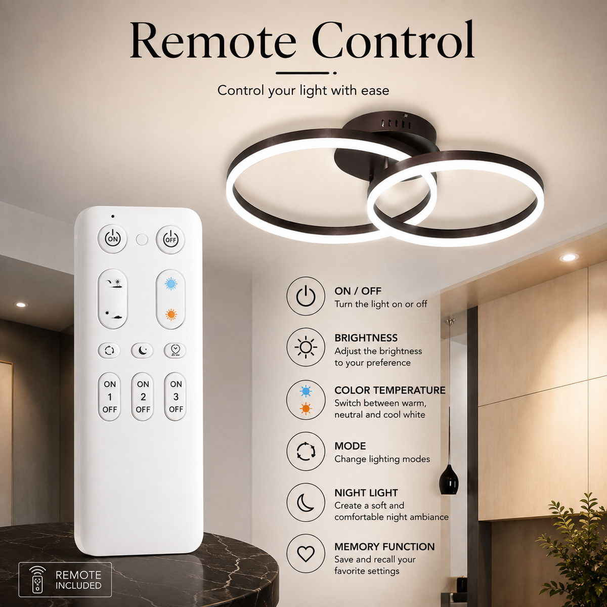 Plafonieră LED maro cafea, 90 W, 3000 lm, dimabilă, cu telecomandă