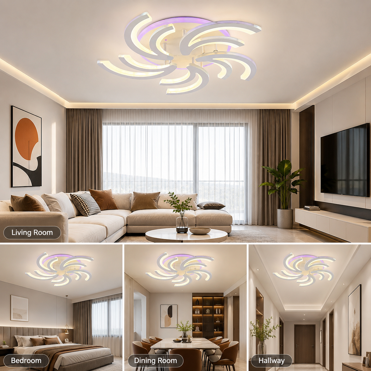 Plafonieră LED RGB cu 5 surse, dimabilă, Wi-Fi și telecomandă