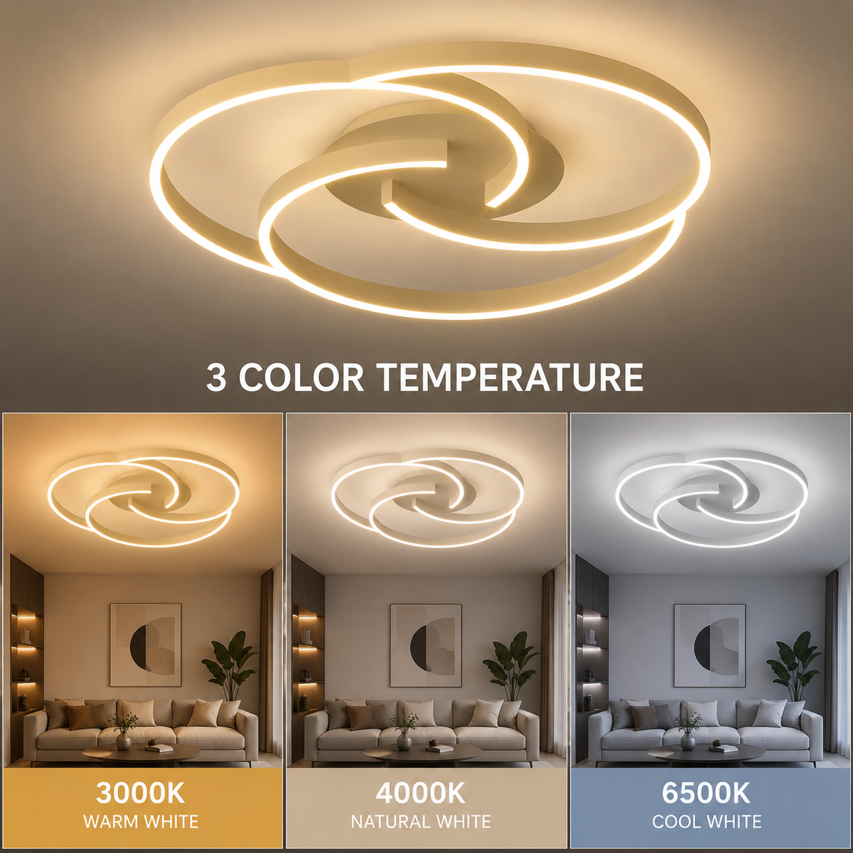 Plafonieră LED aurie, 60 cm, 70 W, dimabilă, cu Wi-Fi și telecomandă