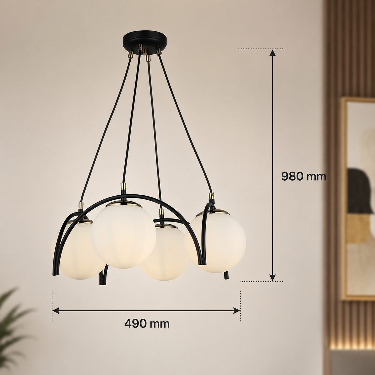 Candelabru negru cu 4 globuri din sticlă opal, E27, max. 60 W