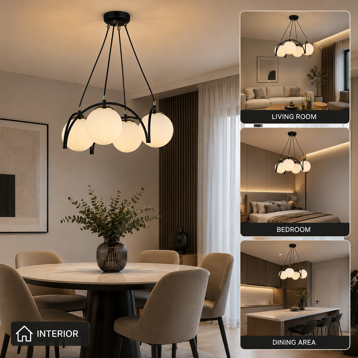 Candelabru negru cu 4 globuri din sticlă opal, E27, max. 60 W