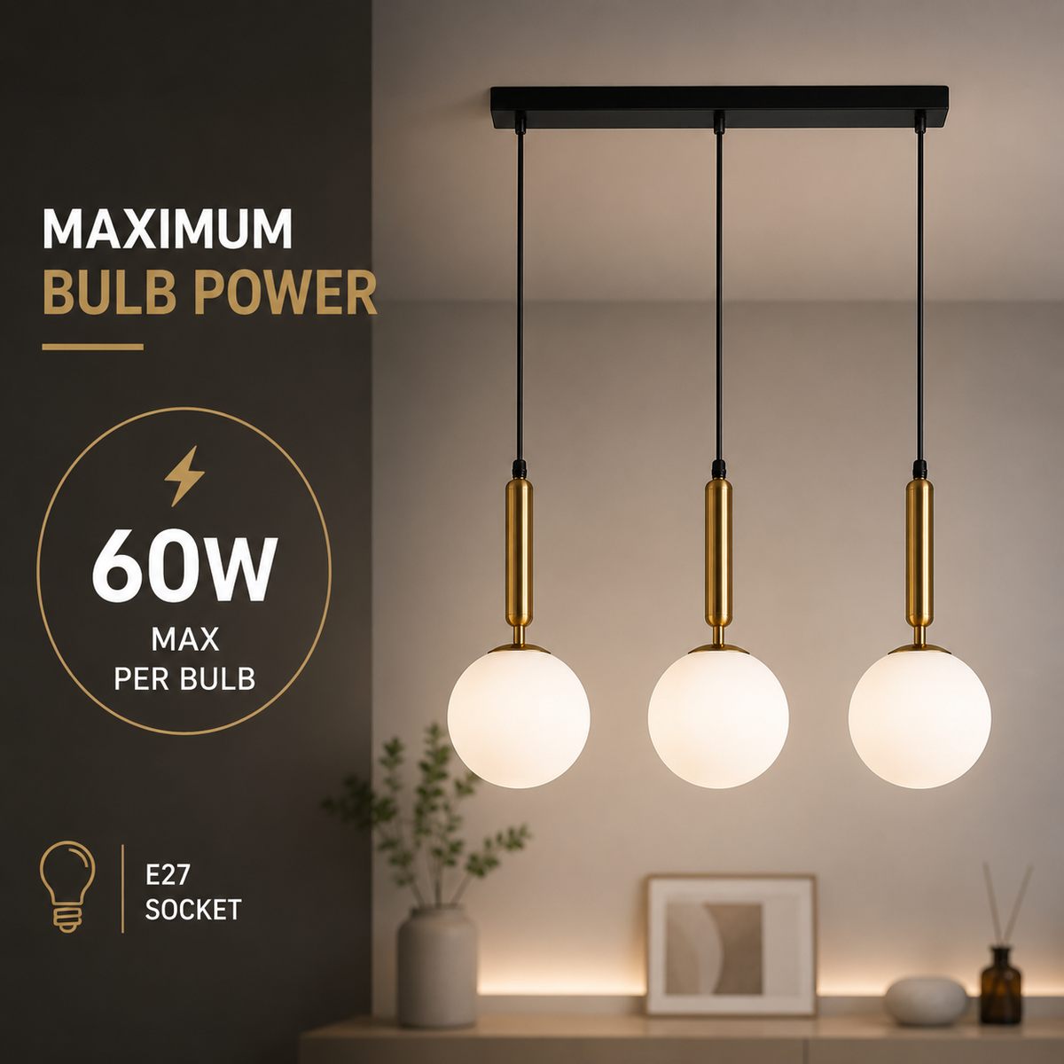 Lustră cu 3 globuri albe mate, soclu E27, 60 W, 60 x 15 x 100 cm
