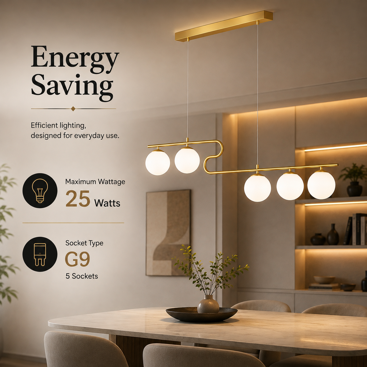Pendul LED auriu cu 5 surse de lumină și 3 culori selectabile