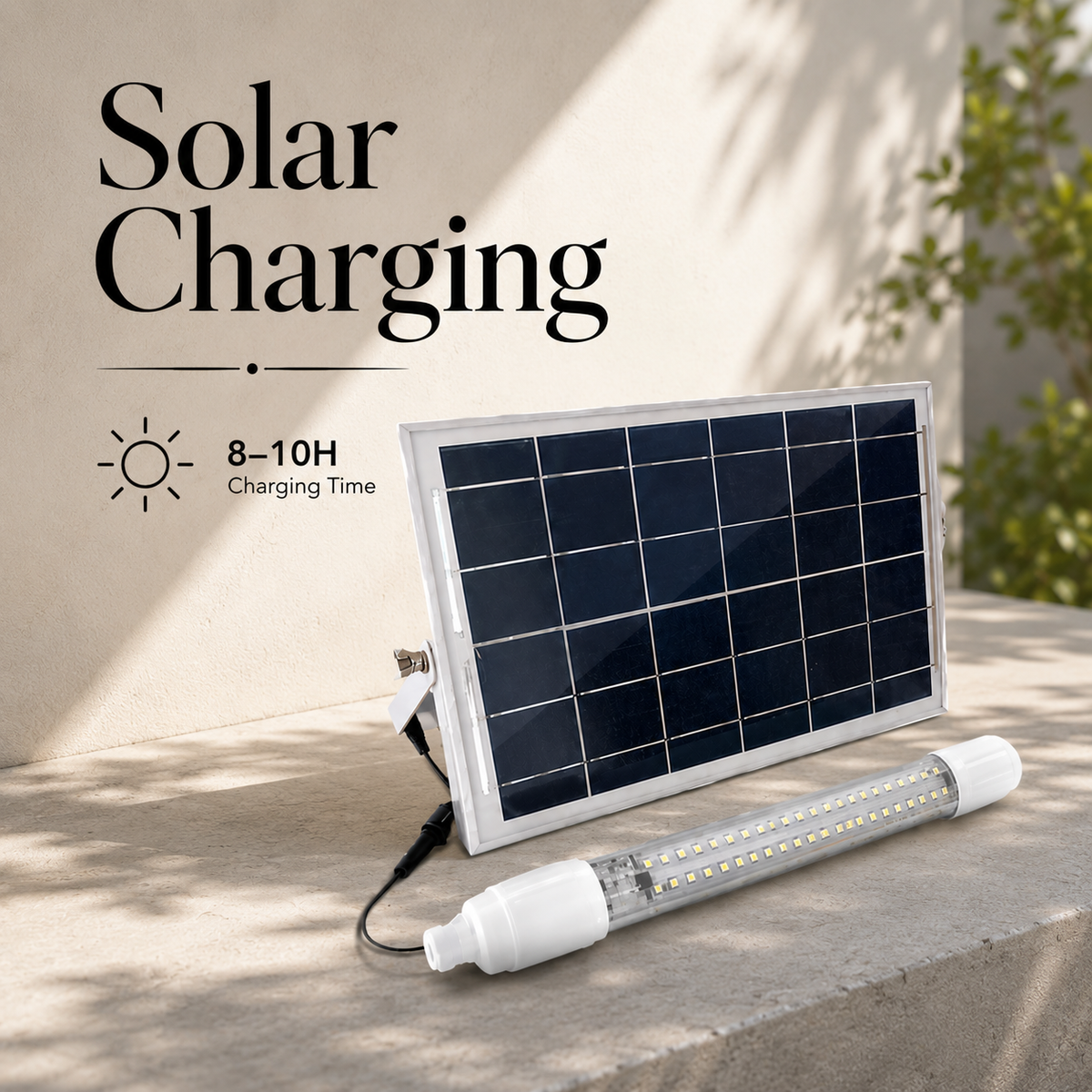 Lampă LED solară tip tub, 36 W, 37 cm, cu panou solar, alb rece