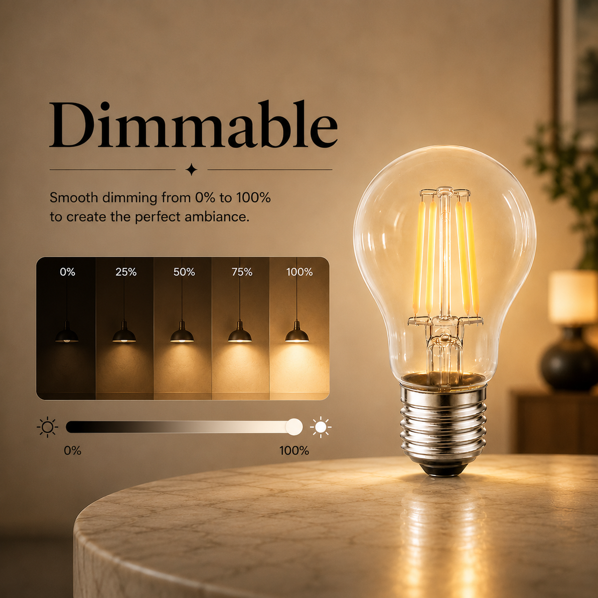 Bec LED cu filament A60, dimabil, E27, 8 W, 800 lm, 2700 K, lumină caldă