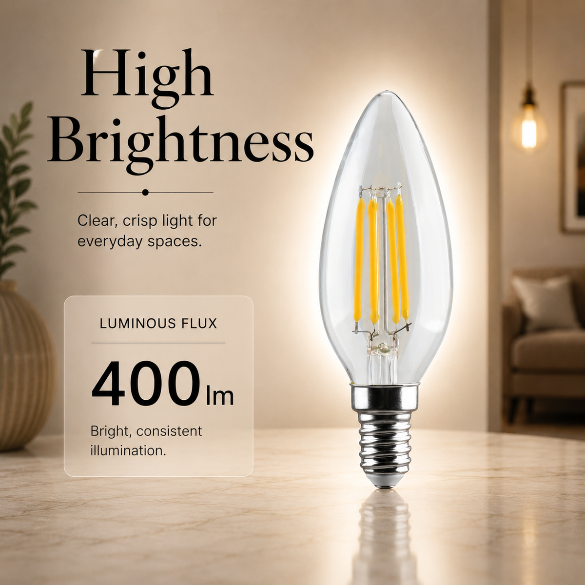 Bec LED filament E14 C35, 4 W, 400 lm, 2700 K, lumină caldă