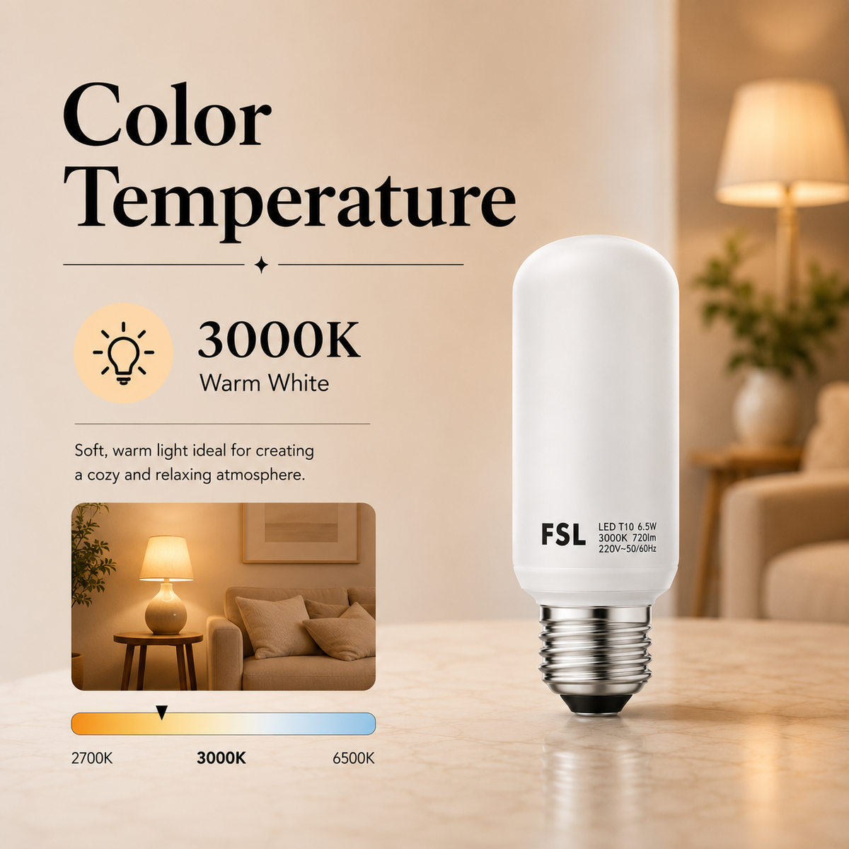 Bec LED tubular T10, E27, 6,5 W, 720 lm, 3000 K, lumină caldă