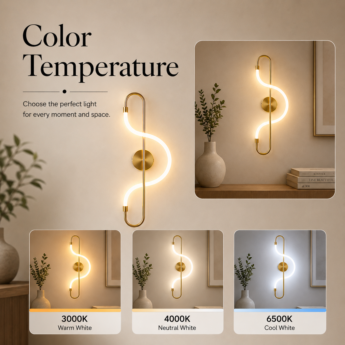Aplică LED de perete aurie, 16 W, 800 lm, 3 culori, înălțime 56 cm
