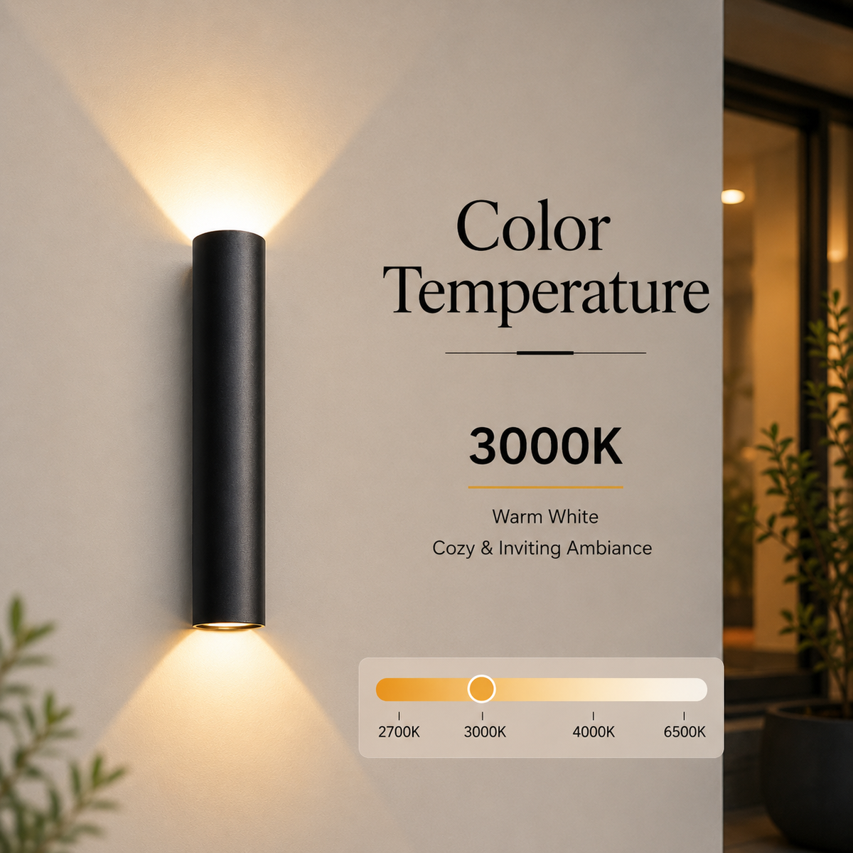 Aplica LED cilindrică de perete, neagră, 6 W, 50 cm, 3 culori, IP20