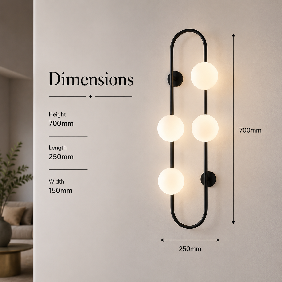 Aplică LED de perete neagră, 4 lumini, 3 temperaturi de culoare, 70 cm