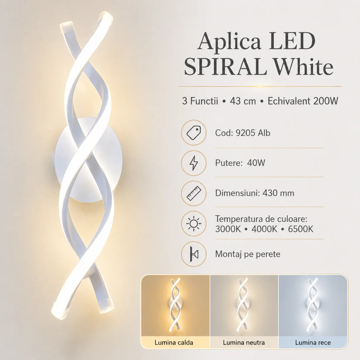 Aplica LED de perete albă, 40 W, 43 cm, 3 culori de lumină