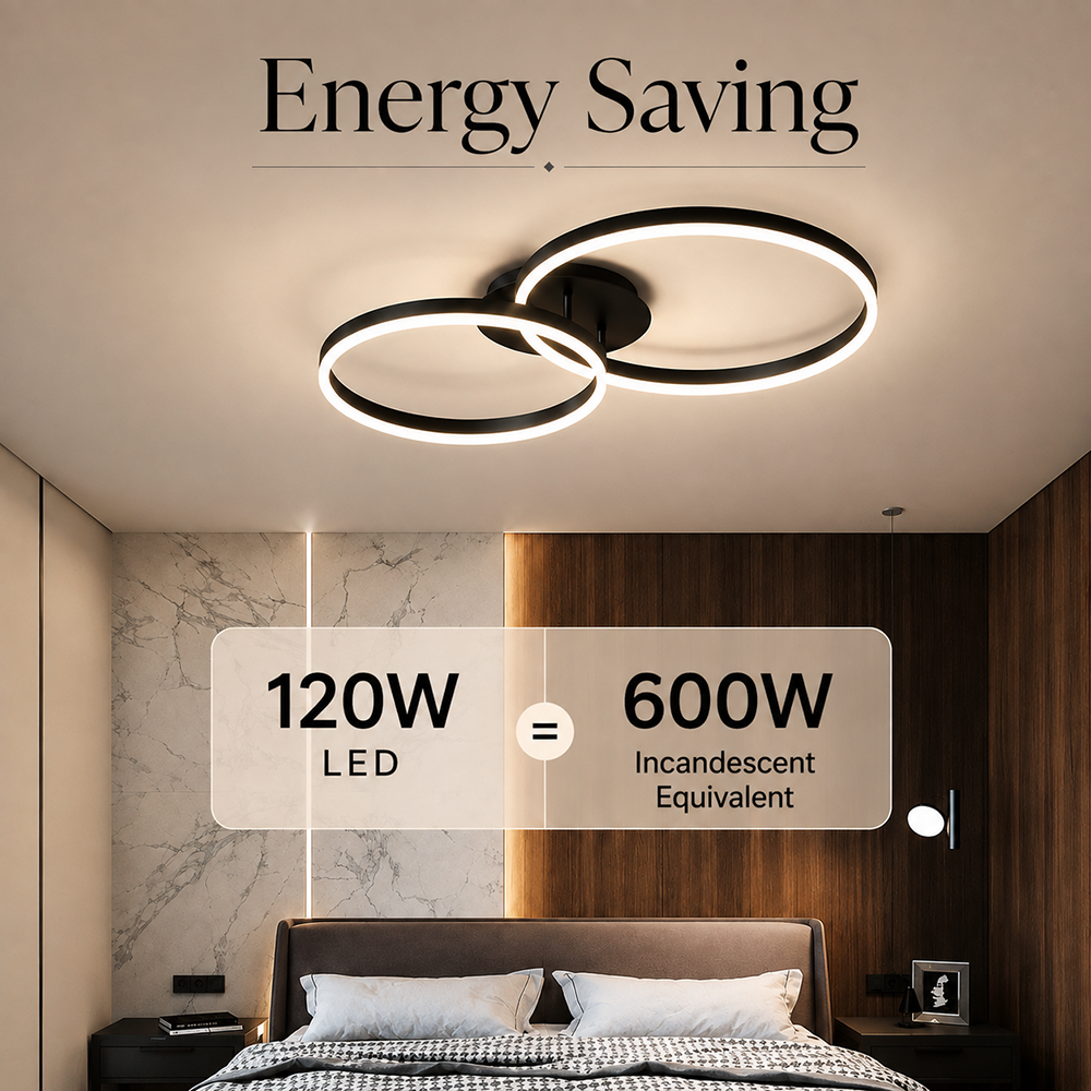 Plafonieră LED neagră, 2 inele, Wi-Fi, telecomandă, dimabilă, 120 W