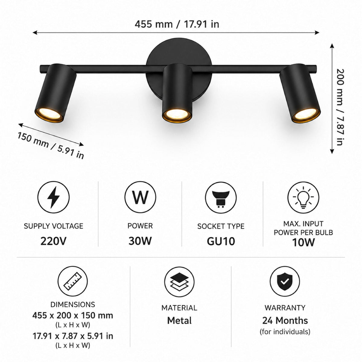 Spot negru pentru plafon și perete, 3 x GU10, 45,5 cm, max. 10 W/bec