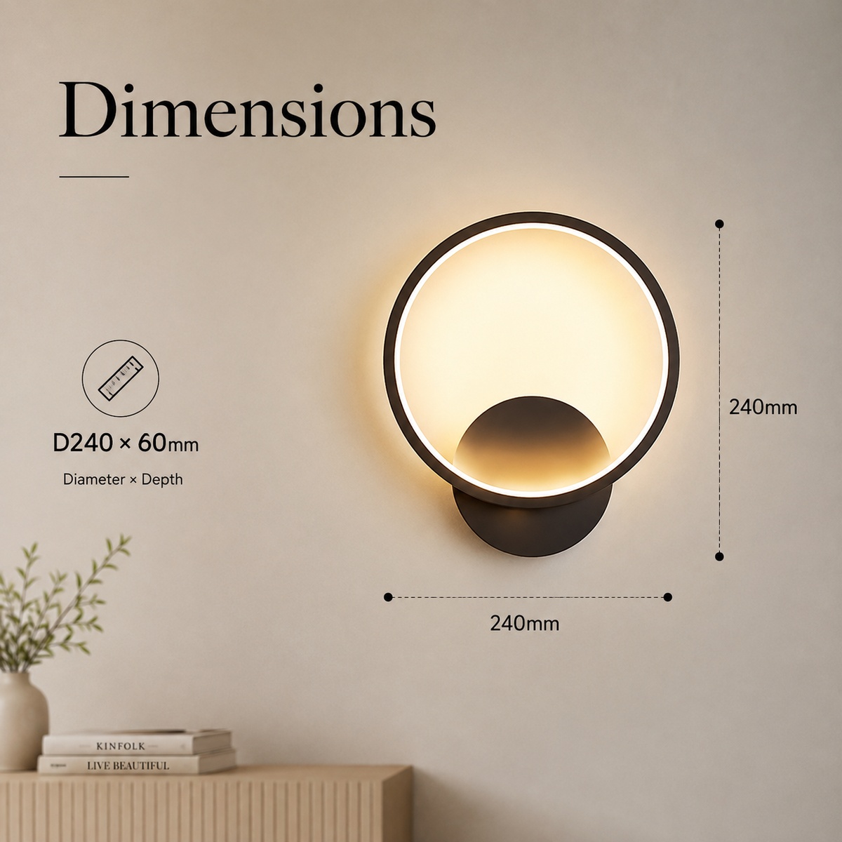 Aplică LED rotundă neagră, 22 W, 1300 lm, lumină albă rece