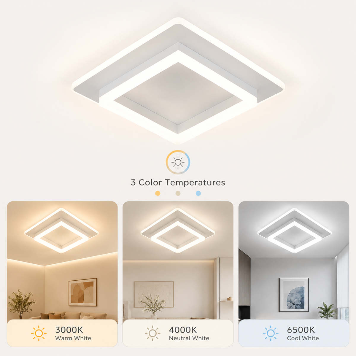 Plafonieră LED pătrată, 41 W, 2000 lm, 3 culori, 24 × 24 cm