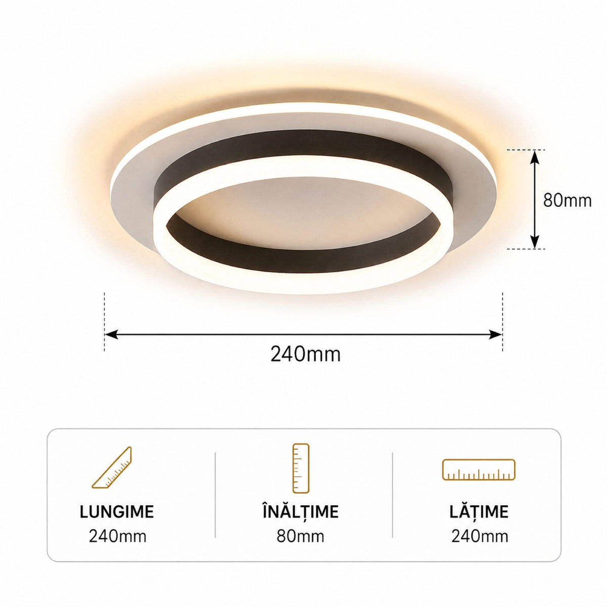 Plafonieră LED rotundă neagră, 30 W, 1500 lm, 24 cm
