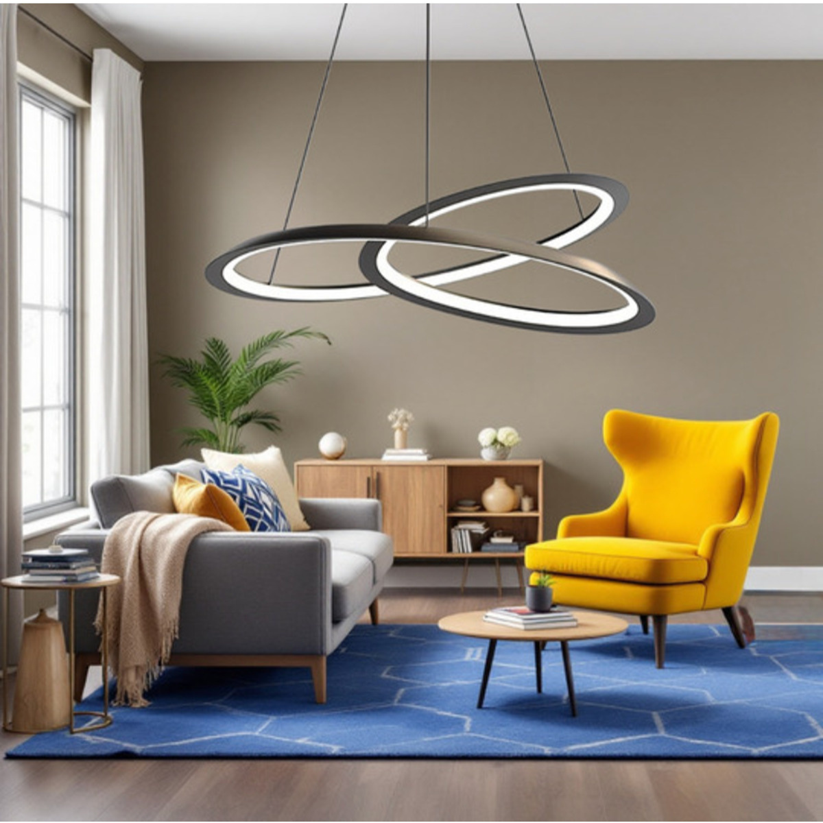 Pendul LED cu inele, negru, cu telecomandă și lumină reglabilă