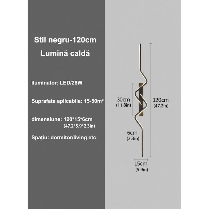 Aplică LED de perete, 80 cm, neagră, design modern minimalist