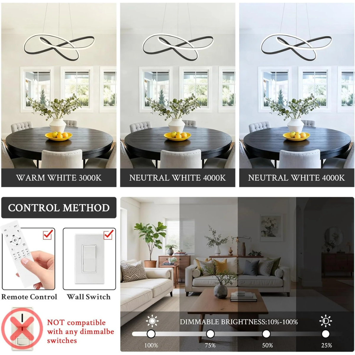 Pendul LED INFINITY, negru, cu telecomandă și intensitate reglabilă