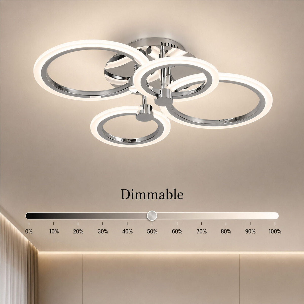 Plafonieră LED cu 4 inele, dimabilă, Wi-Fi și telecomandă, crom