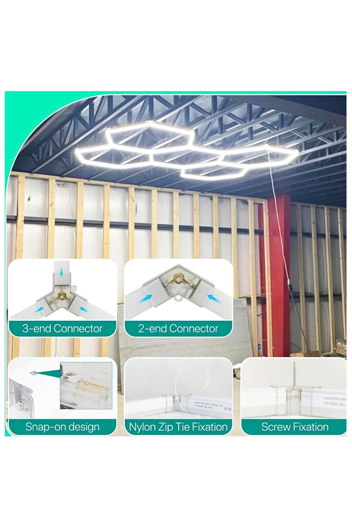 Plafonieră LED hexagonală tip fagure, 192 W, 5 lămpi, 235 × 164 cm