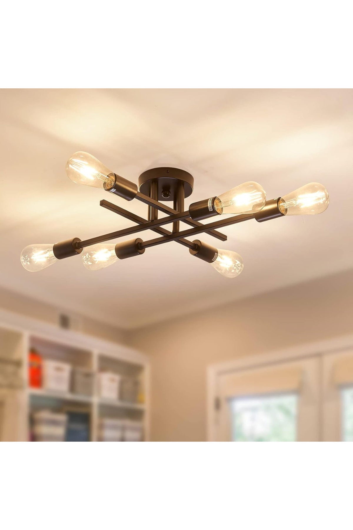 Candelabru vintage auriu, 6 socluri E27, cu înălțime reglabilă