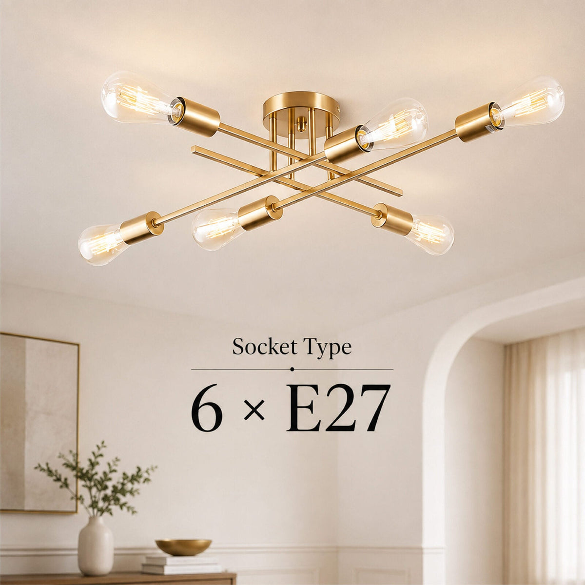 Candelabru vintage auriu, 6 socluri E27, cu înălțime reglabilă