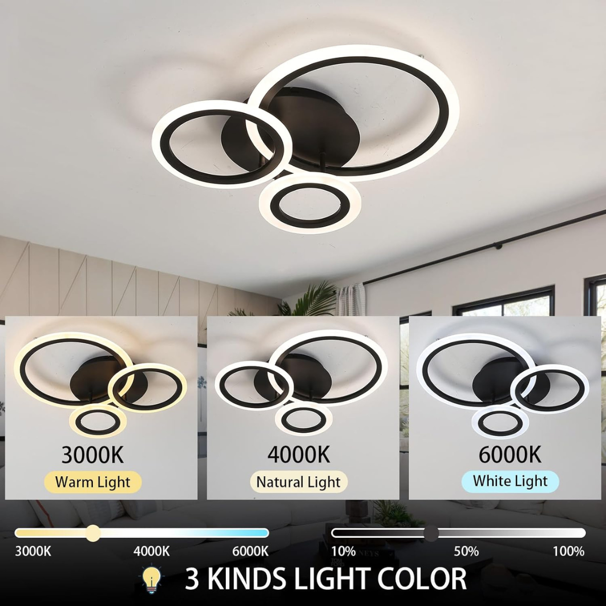 Plafonieră LED neagră, 3 inele, dimabilă cu telecomandă, 60 cm