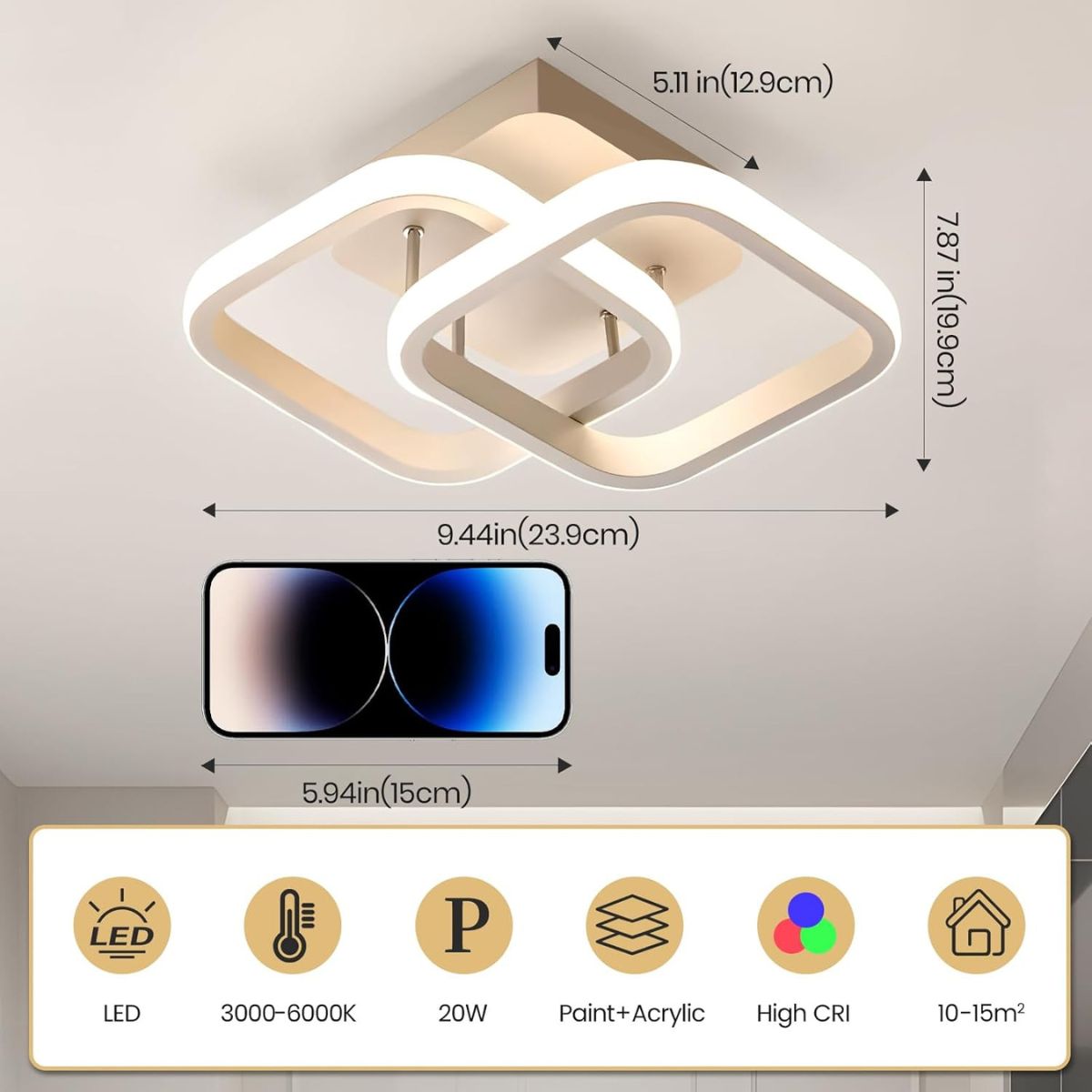 Plafonieră LED 32 W, design cu două pătrate, 3 culori, 240 x 160 mm