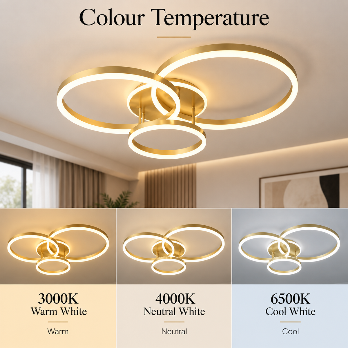 Plafonieră LED aurie 160 W, 3 inele, Wi-Fi, dimabilă, 40/30/25 cm