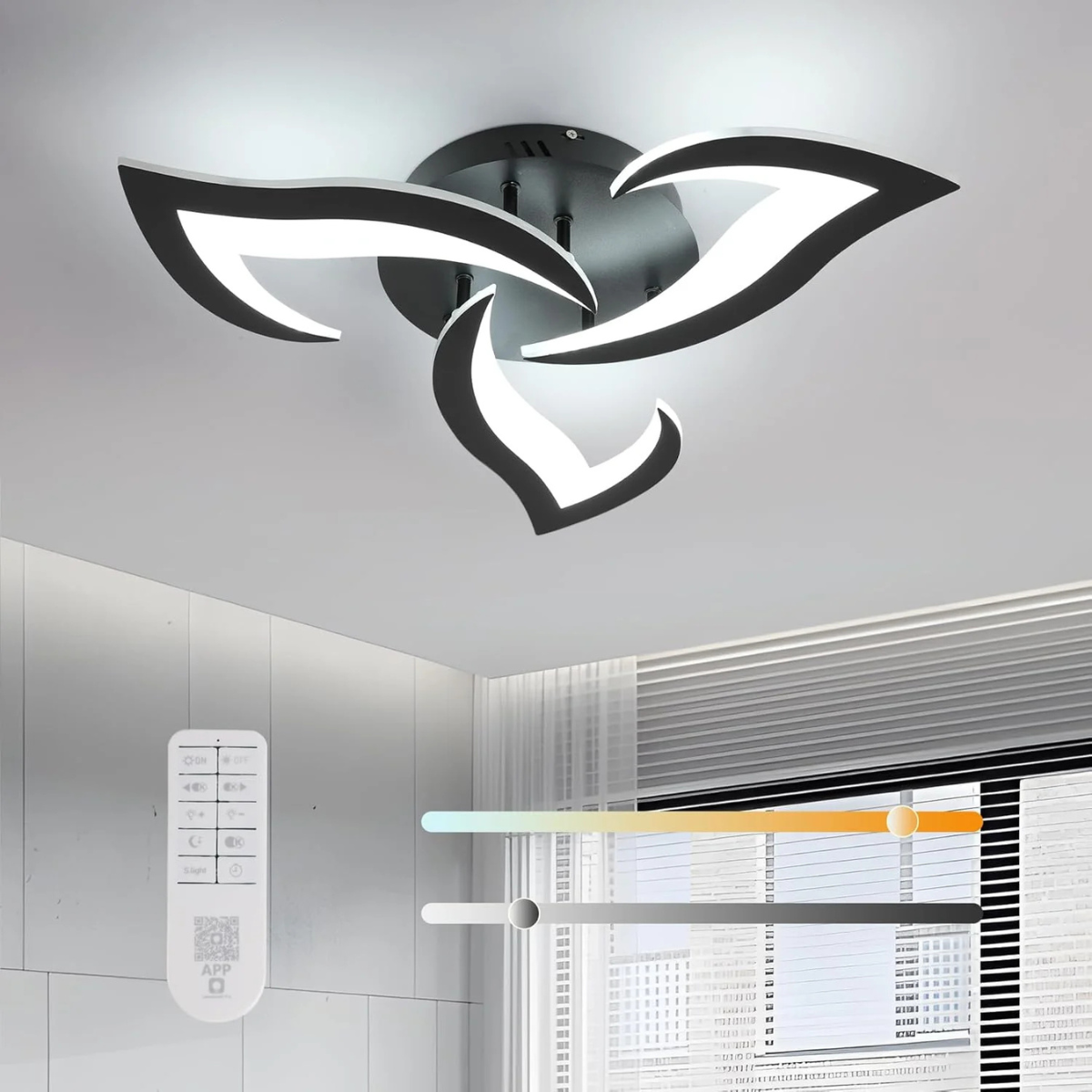 Plafonieră LED neagră, 58 cm, 54 W, dimabilă, cu telecomandă, 3 culori